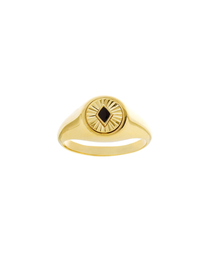 Fluted Black Enamel Diamond Signet Ring - 14K Yellow Gold - by Dazyle