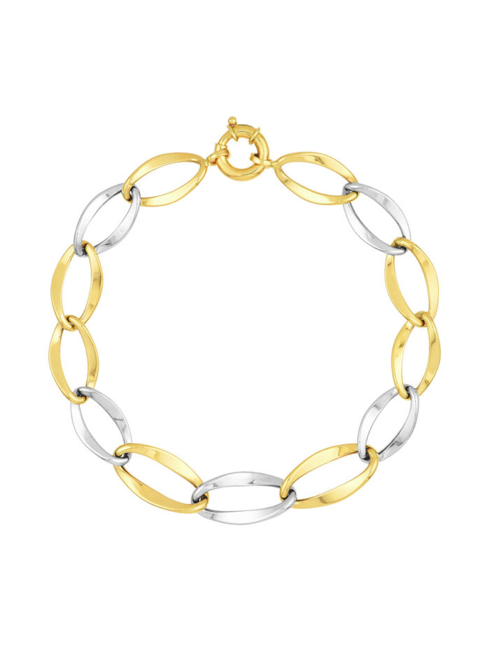 Two-Tone Flat Open Oval Link Bracelet - 14K Yellow & White Gold - 8 Inches - by Dazyle