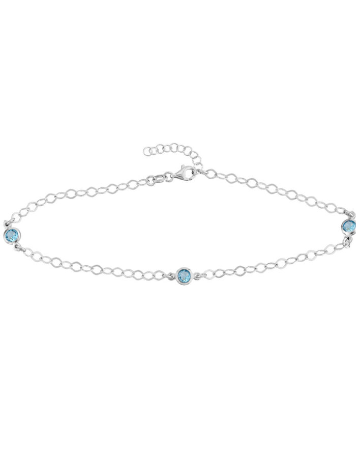 Sterling Silver Blue CZ Stations on Chain Adjustable Anklet - Sterling Silver - 9 to 10 inches - by Dazyle