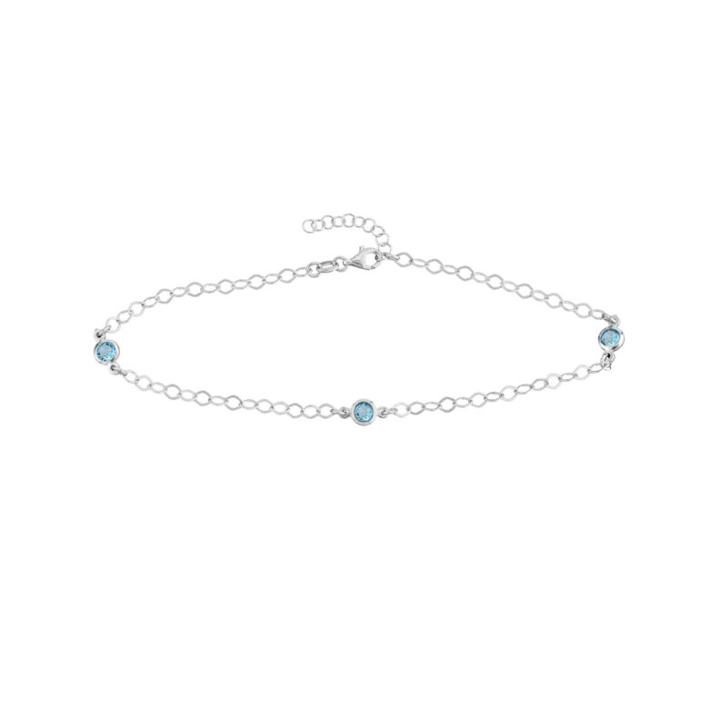 Sterling Silver Blue CZ Stations on Chain Adjustable Anklet - Sterling Silver - 9 to 10 inches - by Dazyle