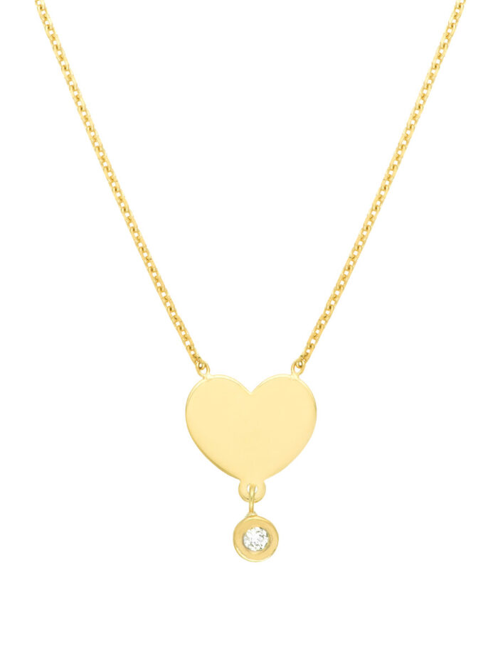 Adjustable Cable Chain Heart with Diamond Drop Necklace - 14K Yellow Gold 18 Inch - by Dazyle