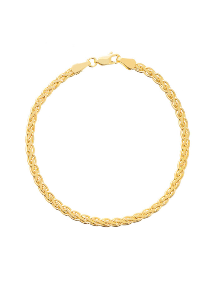 14K Yellow Gold Hollow Flat Wheat Chain Bracelet 3.7mm Wide Lobster Closure - 7.5 Inches - by Dazyle