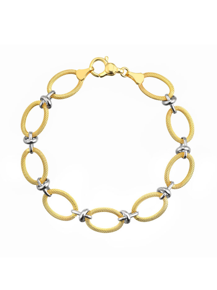 Two-Tone Textured Open Oval Link Bracelet - 14K Yellow & White Gold - 8 Inch - by Dazyle