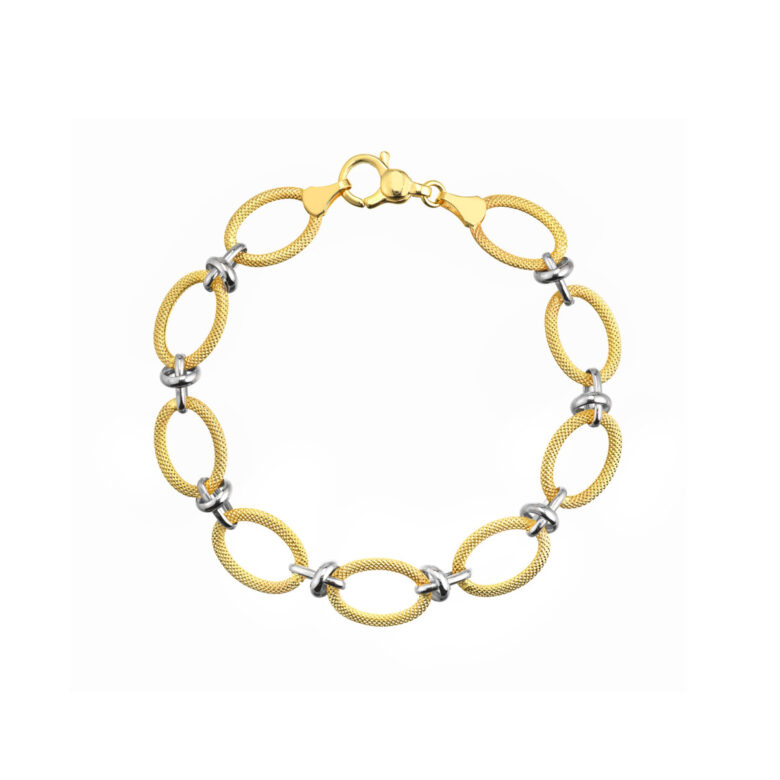 Two-Tone Textured Open Oval Link Bracelet - 14K Yellow & White Gold - 8 Inch - by Dazyle