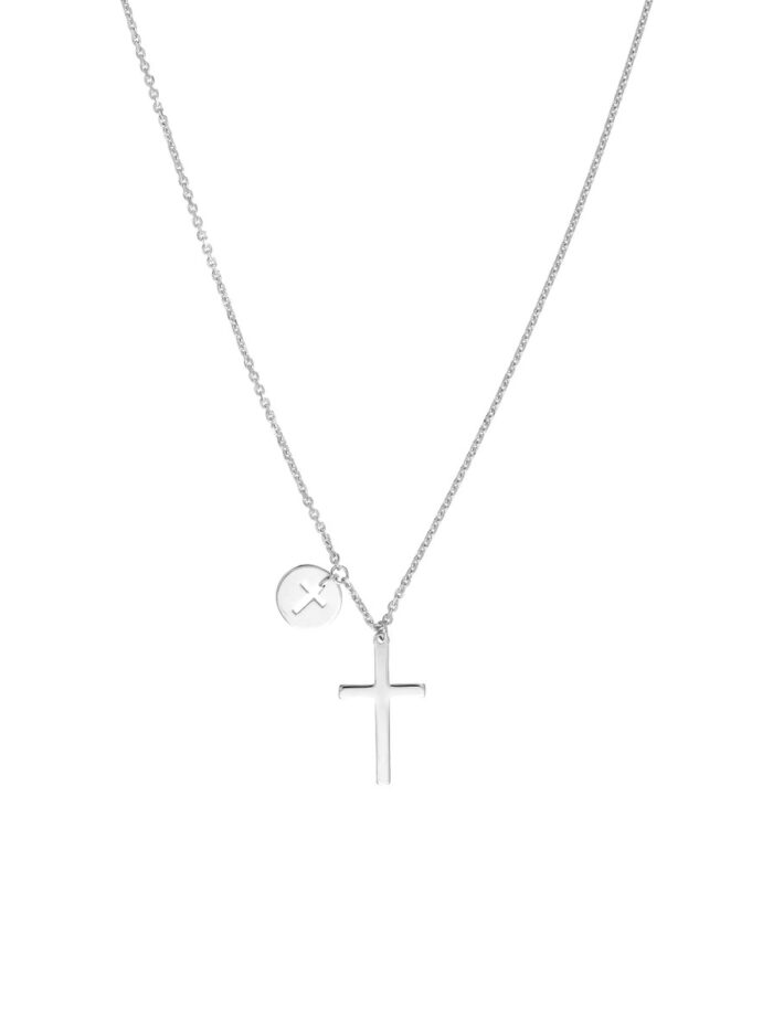 Cross Necklace with Cutout Cross Disc Dangle - 14K White Gold - Adjustable 18 Inches - by Dazyle