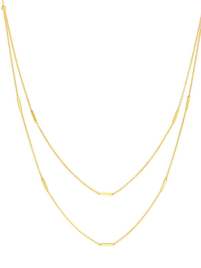 Double Stranded Bar Stations Choker Necklace - 14K Yellow Gold 17-inch Box Chain - by Dazyle