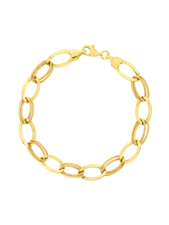 Textured Triple and Plain Link Bracelet - 14K Yellow Gold - 7.25 Inch - by Dazyle