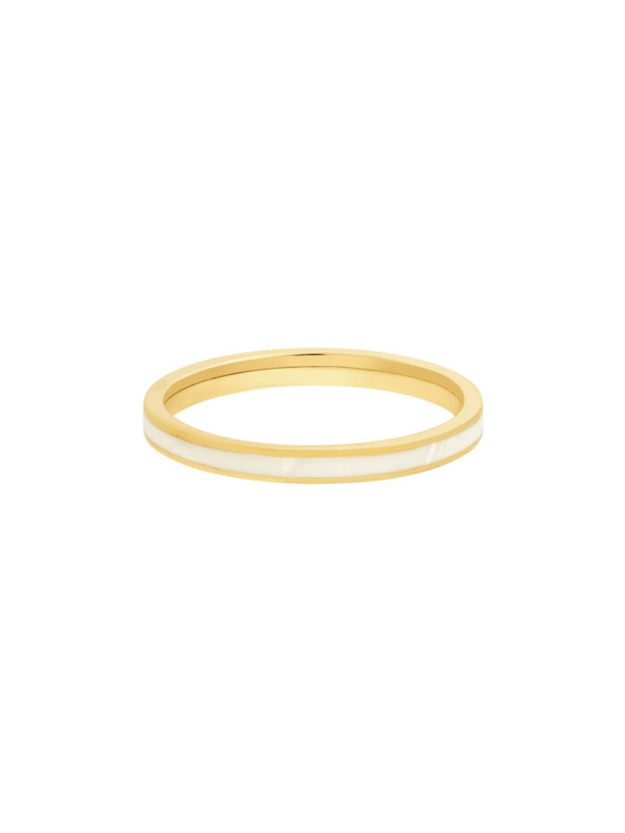 14K Yellow Gold White Enamel Band Ring - Elegant Wedding Band - by Dazyle