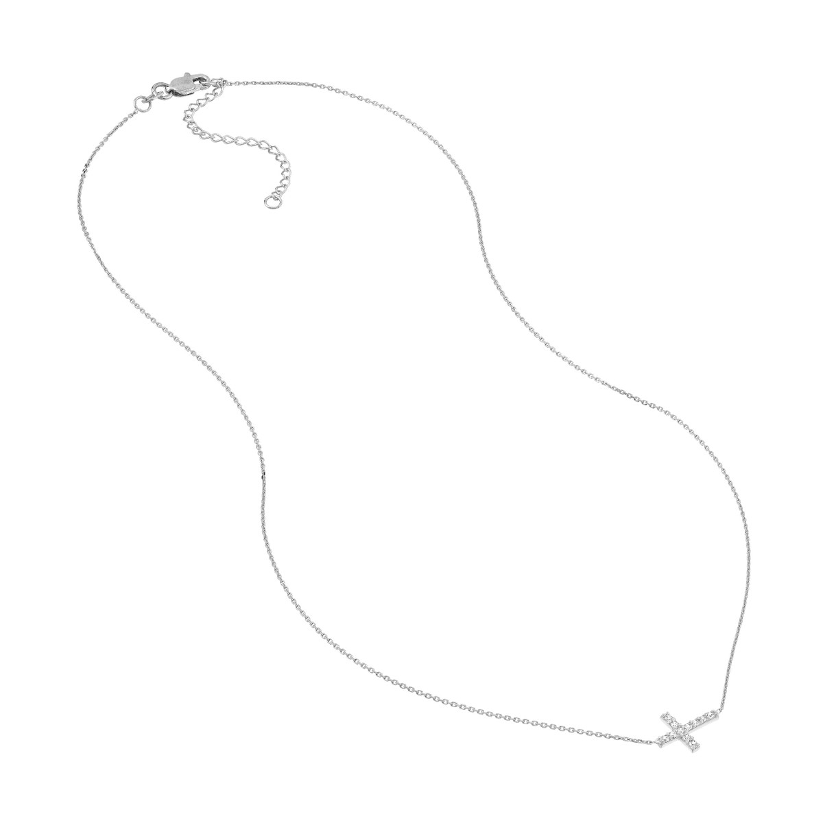 Adjustable 14K White Gold Sideways CZ Cross Necklace - 18 inch - by Dazyle - Image 3
