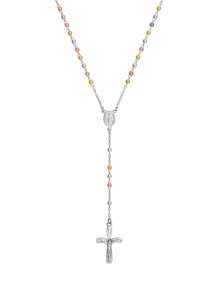 Sterling Silver and Rose Gold 3mm Rosary Necklace - 17-inch Rope Chain - by Dazyle