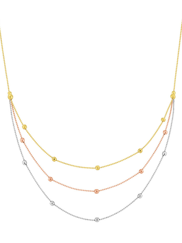 Tri-Color Bib Necklace with Diamond-Cut Beads - 14K Three Tone Gold 17-Inch - by Dazyle