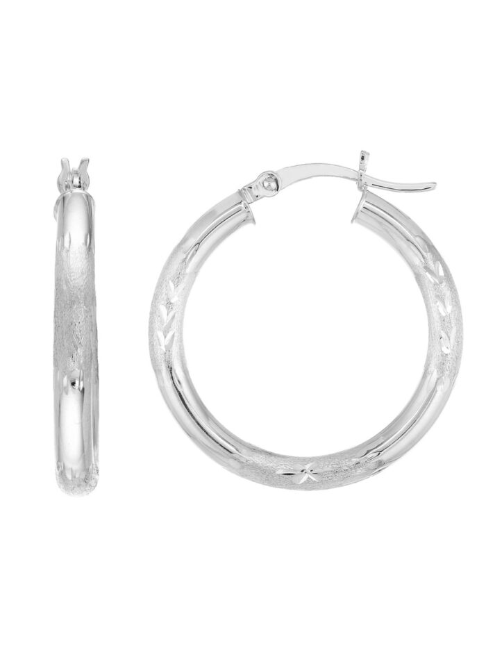 Diamond-Cut Florentine Hoop Earrings - 14K White Gold (3mm x 25mm) - by Dazyle