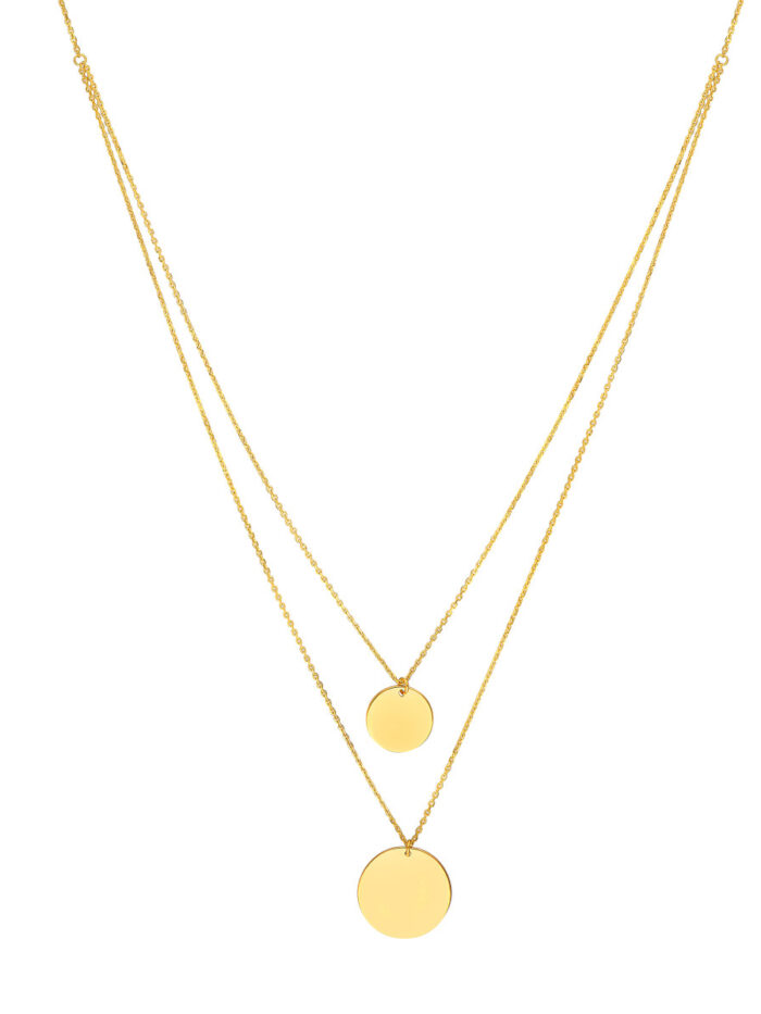 Double Stranded Disc Drop Duo Necklace - 14K Yellow Gold - Adjustable 18-inch - by Dazyle