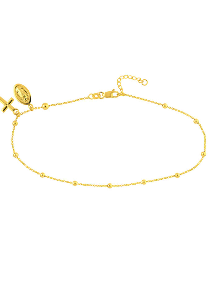 Virgin Mary and Cross Adjustable Anklet - 14K Yellow Gold 9 to 10 inches - by Dazyle
