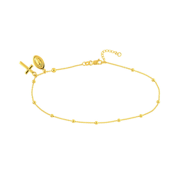 Virgin Mary and Cross Adjustable Anklet - 14K Yellow Gold 9 to 10 inches - by Dazyle