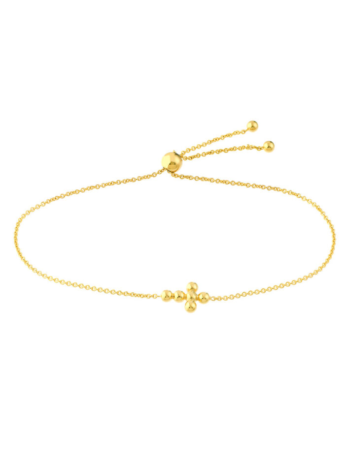 14K Yellow Gold Mini Beaded Cross Bolo Bracelet - 9.5 inches - Adjustable - by Dazyle