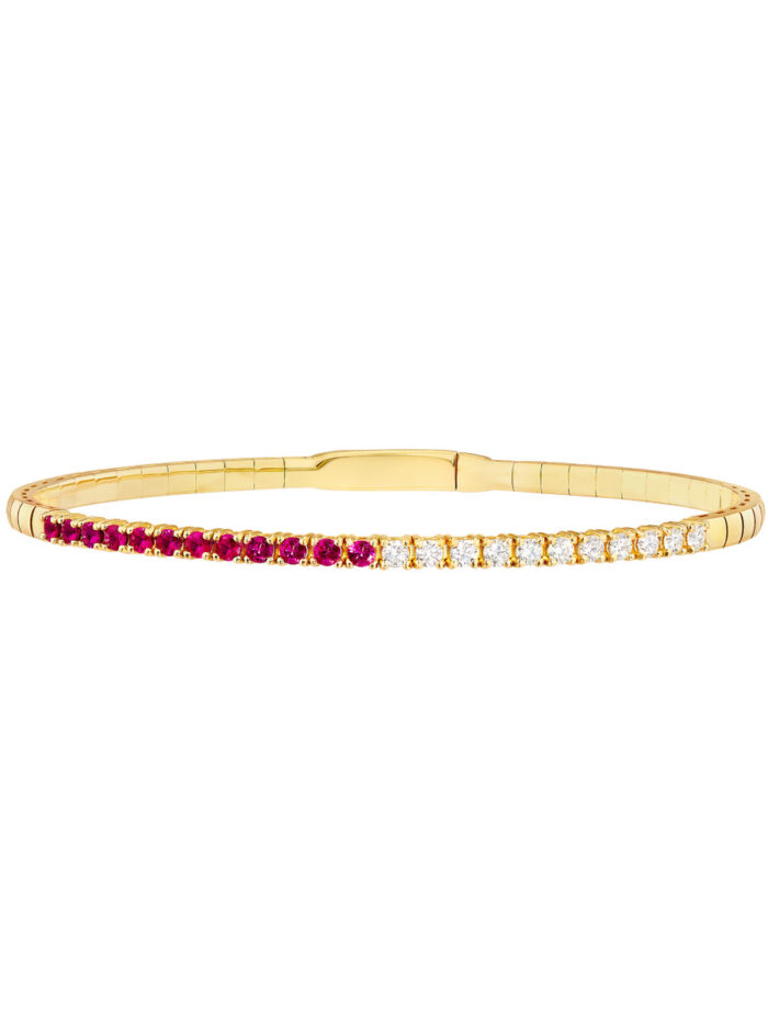 14K Yellow Gold Flexible Tennis Bangle with Diamonds and Rubies - 7-inch - by Dazyle