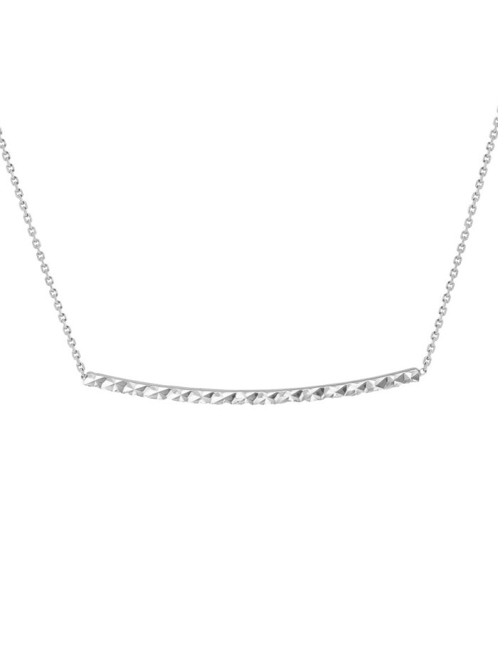 Diamond-Cut Curved Bar Necklace - 14K White Gold - 18 inch Adjustable - by Dazyle