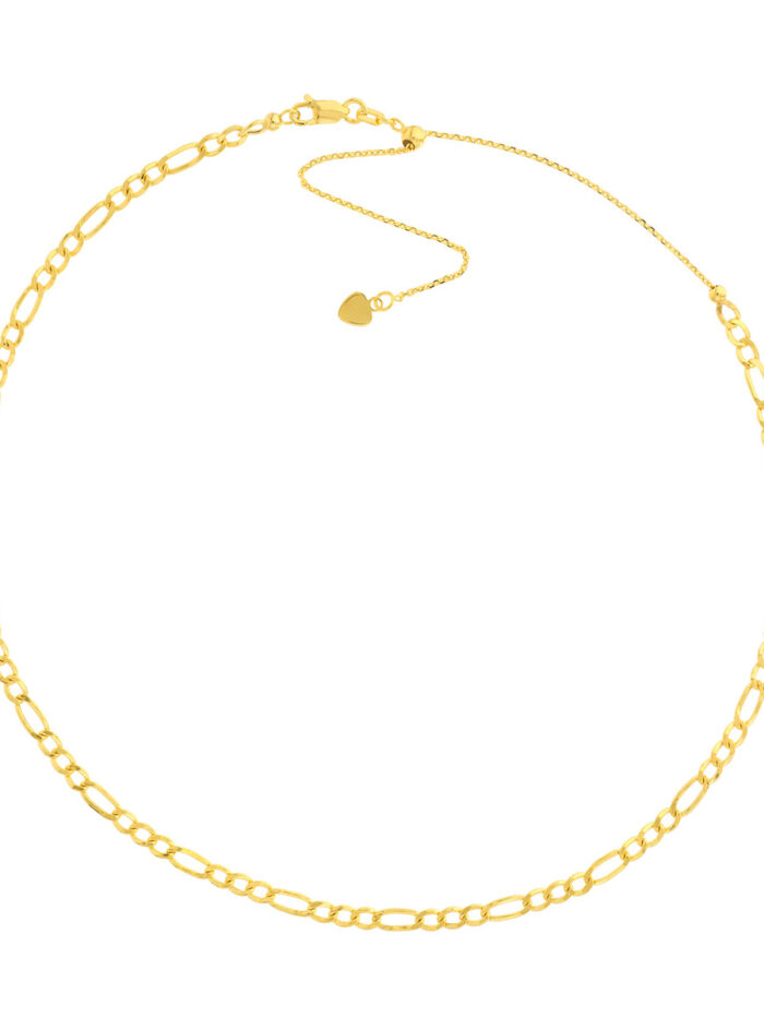 14K Yellow Gold Hollow Figaro Chain Adjustable Choker Necklace - Lobster Closure - by Dazyle