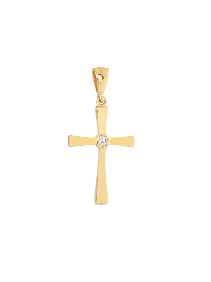 14K Yellow Gold Mini Cross Pendant with Single CZ Stone - Charm Pendant - by Dazyle
