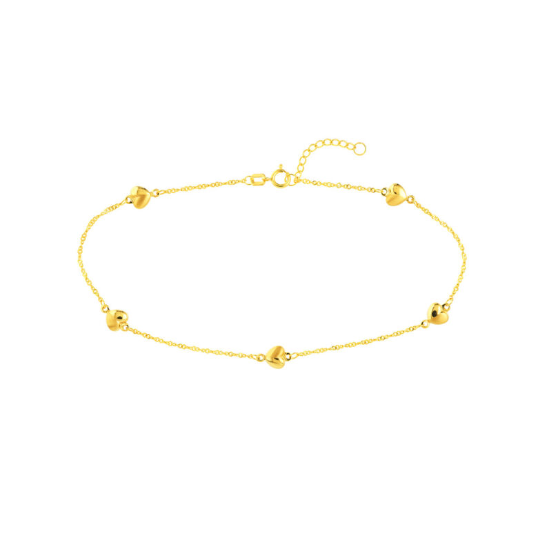 14K Yellow Gold Adjustable Anklet Puff Hearts Piatto Chain - 9 to 10" - by Dazyle