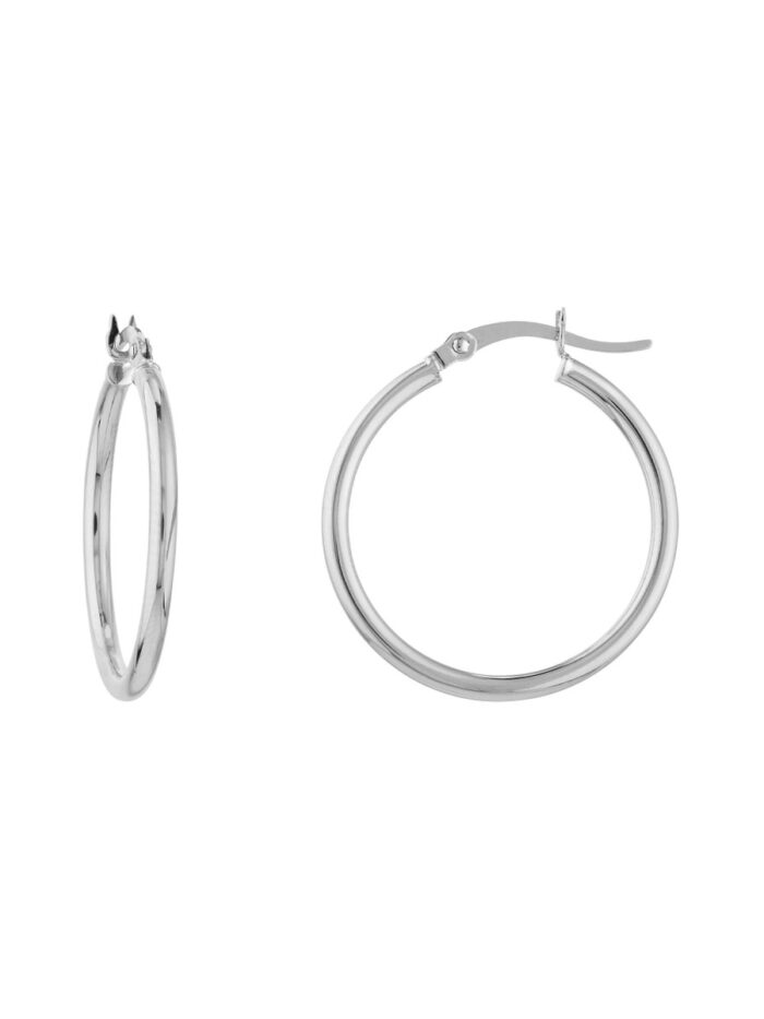 10K White Gold Polished Hoop Earrings - Hinge Clasp - 2mm x 25mm - by Dazyle