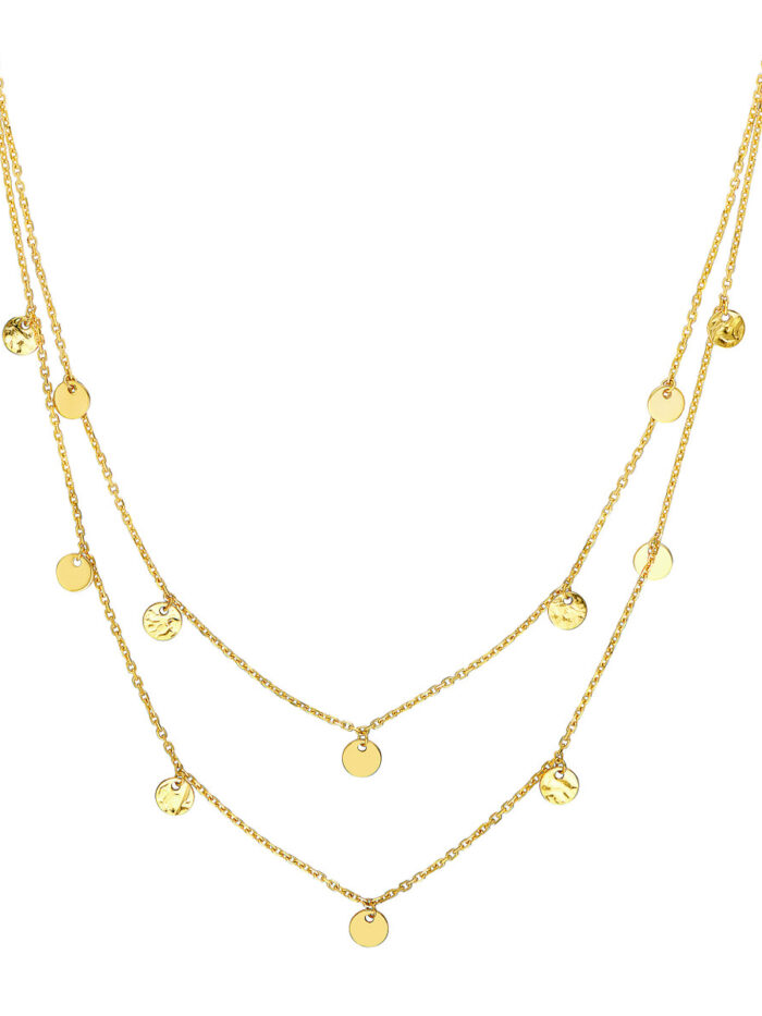 Double Stranded Disc Drop Bib Necklace - 14K Yellow Gold - Adjustable 18-inch - by Dazyle