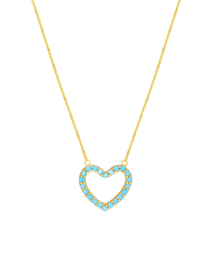 Simulated Turquoise Open Heart Adjustable Necklace - 14K Yellow Gold - 18 Inch - by Dazyle