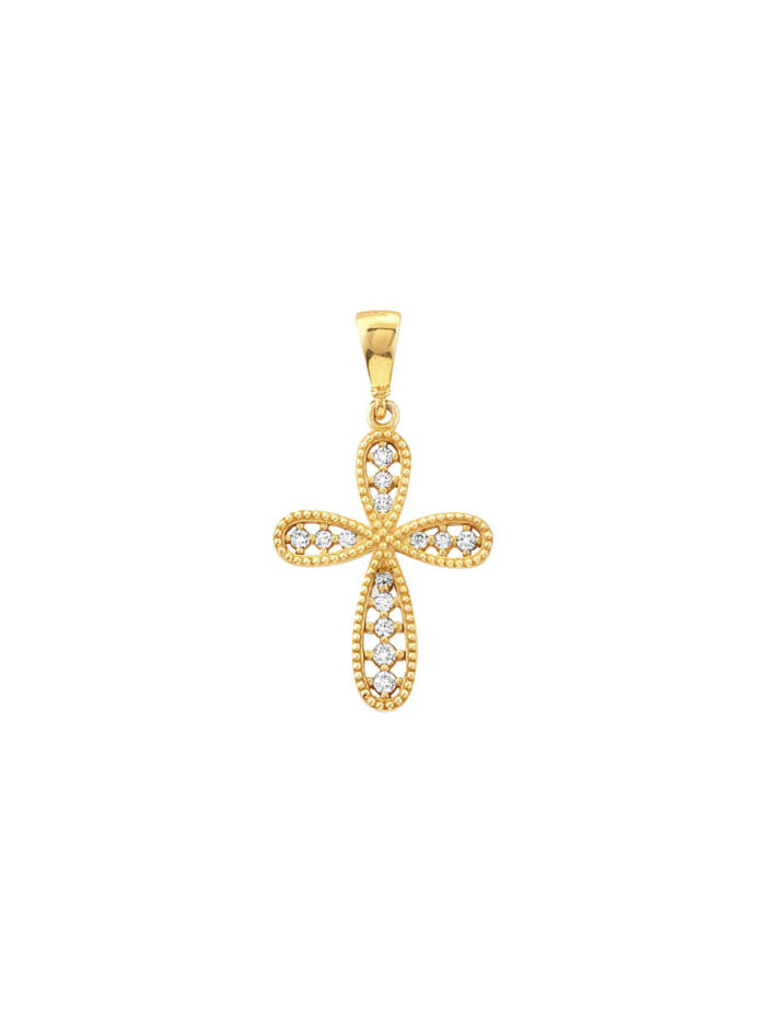 CZ Beaded Filigree Cross Pendant - 14K Yellow Gold - by Dazyle