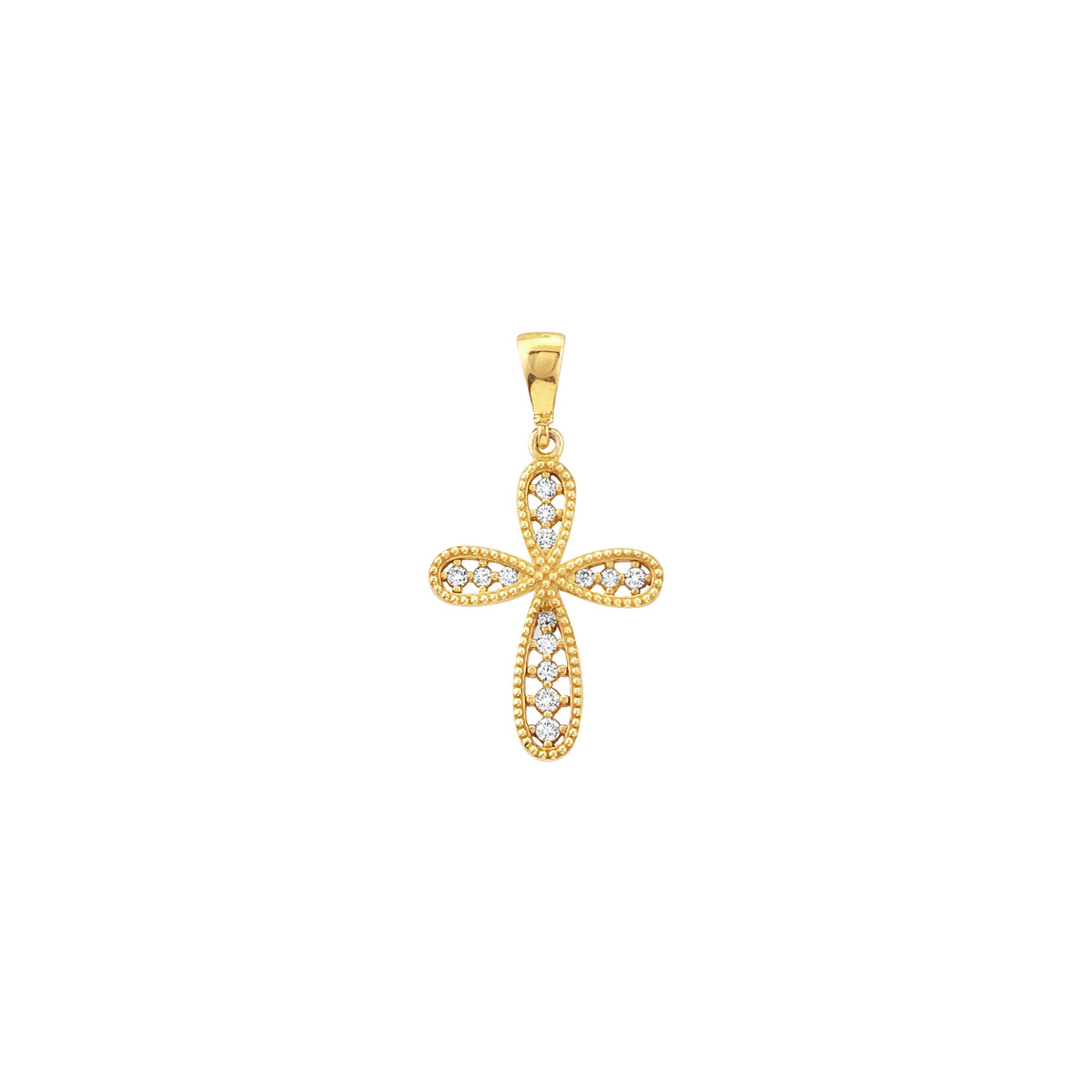 CZ Beaded Filigree Cross Pendant - 14K Yellow Gold - by Dazyle