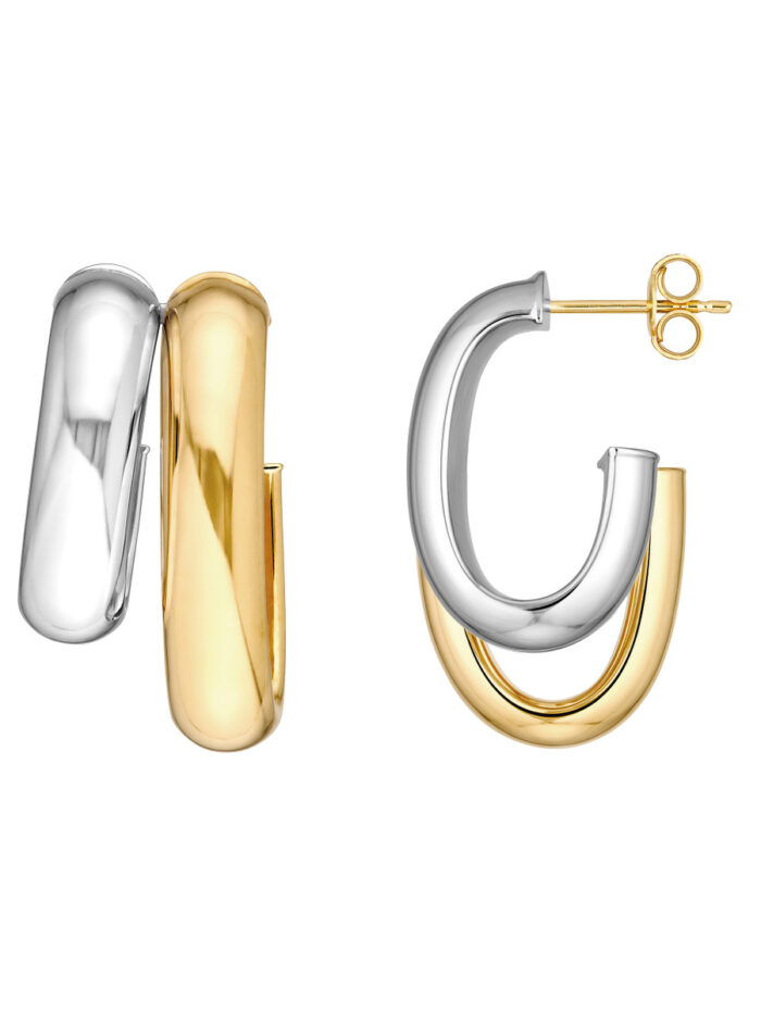 Two-Tone Side by Side D-Tube Open Hoop Earrings - 14K Yellow & White Gold - by Dazyle