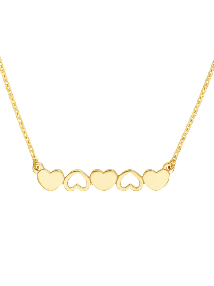 Solid and Open Hearts Bar Necklace - 14K Yellow Gold Adjustable - by Dazyle