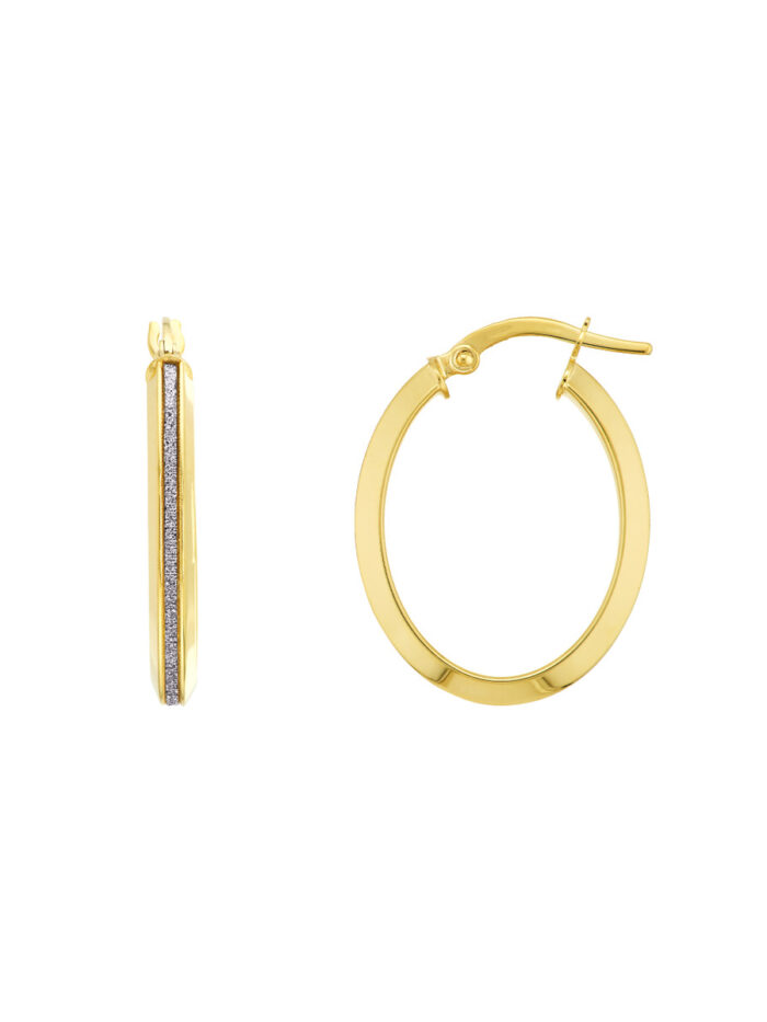Sparkling Oval Hoops 14K Gold Hinge Closure Radiant Design Statement Earrings - 14K Yellow Gold - by Dazyle