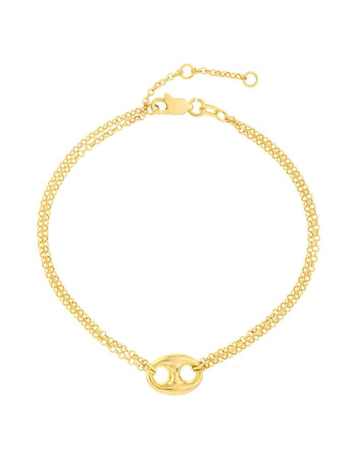 14K Yellow Gold Double Chain Bracelet with Puff Mariner Element - 7.5 Inch - by Dazyle