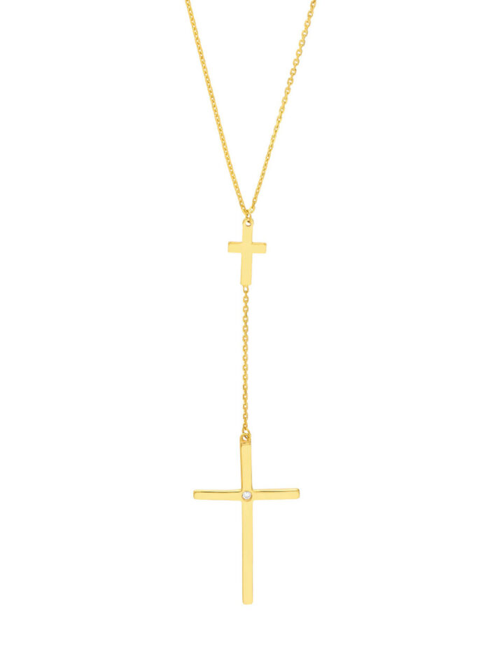 1ct Diamond Cross Duo Adjustable Necklace in 14K Yellow Gold - 18 inches - by Dazyle