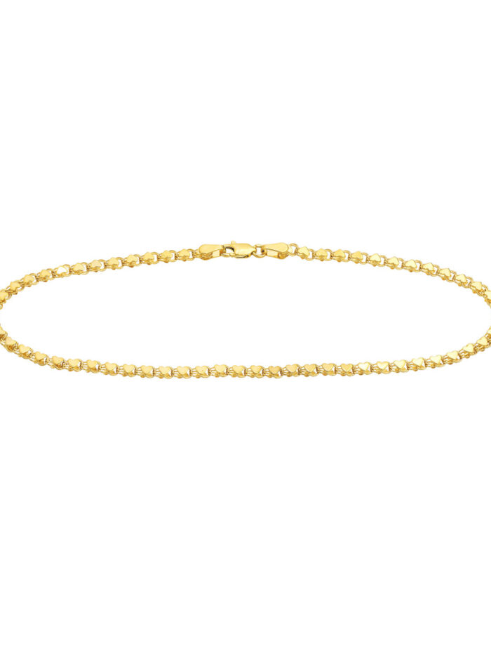 3.0mm Mirror Heart Chain Anklet - 14K Yellow Gold - 10 Inch - by Dazyle