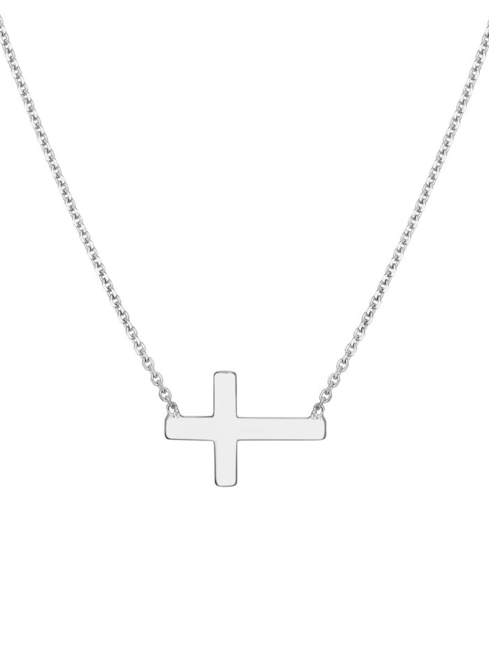 Sideways Mini Cross Adjustable Necklace in White Gold Plated Sterling Silver - 18" Cable Chain - by Dazyle