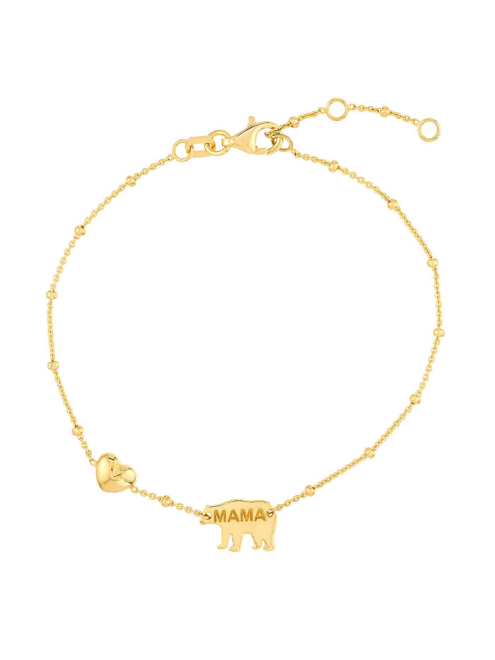 Mama Bear & Puffed Heart Bracelet - 14K Yellow Gold, Adjustable 7.25 inches - by Dazyle