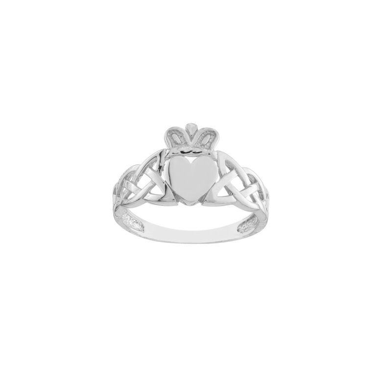 High-Polished Braided Claddagh Ring 14K White Gold - Size 7 - by Dazyle