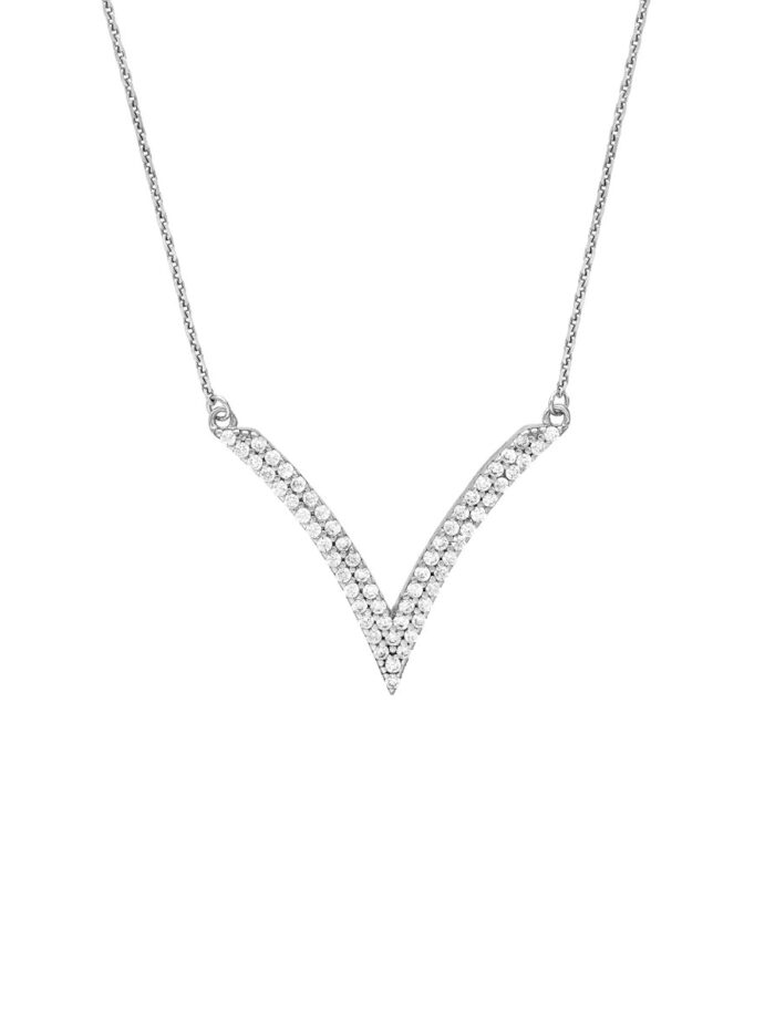 Sterling Silver CZ Chevron Adjustable Necklace - Rhodium Plated - 18 Inches - by Dazyle