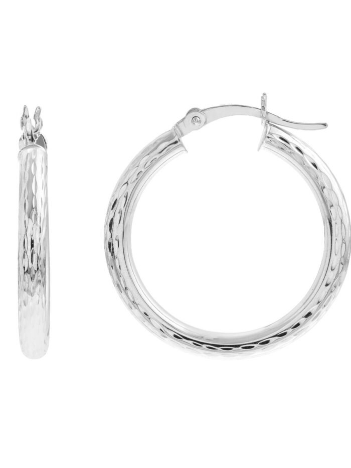 Diamond-Cut Round Hoop Earrings - 14K White Gold (3mm x 25mm) - by Dazyle