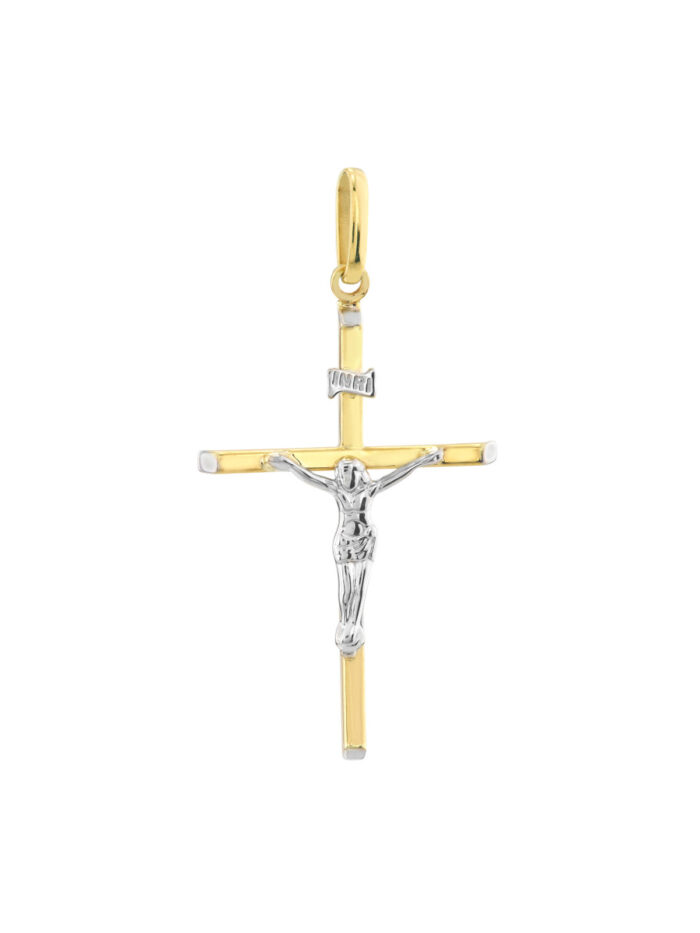 Two Tone D/C Crucifix Pendant - 10K Yellow & White Gold - by Dazyle
