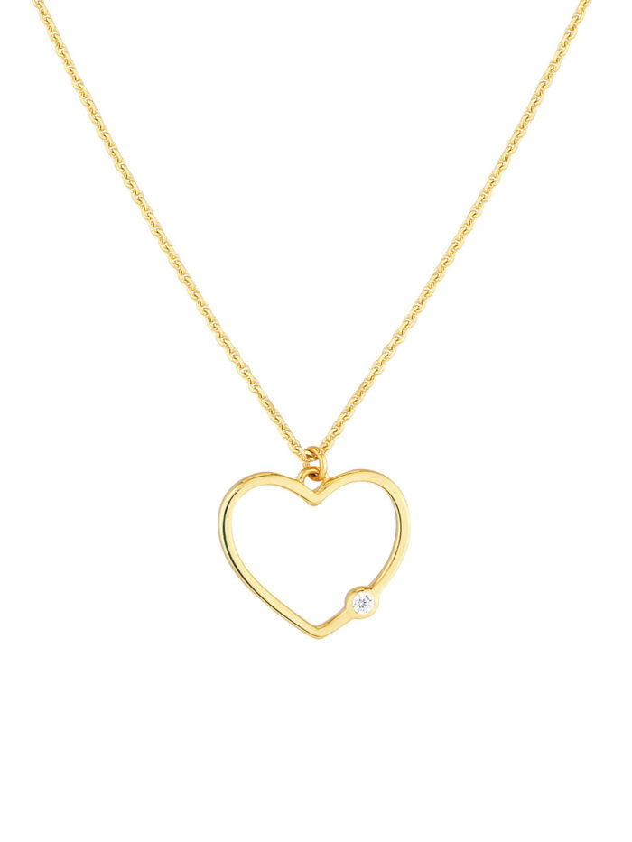 Open Heart Diamond Bezel Necklace - 14K Yellow Gold - Adjustable 16-18 Inches - by Dazyle