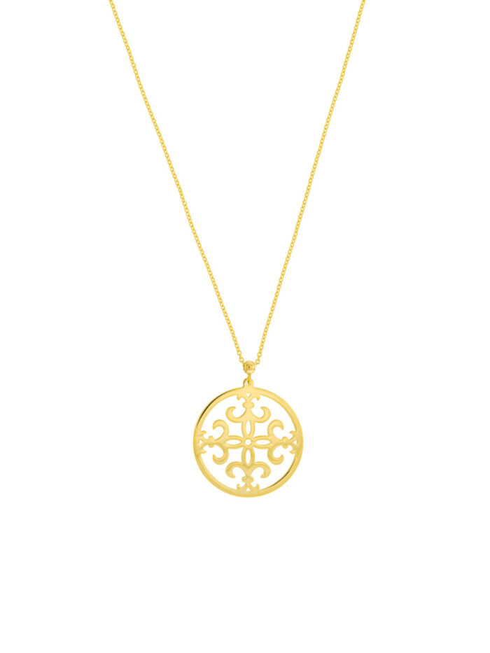 14K Yellow Gold Circle Framed Fleur-de-Lis Pendant - Classic Pendant Necklace - by Dazyle