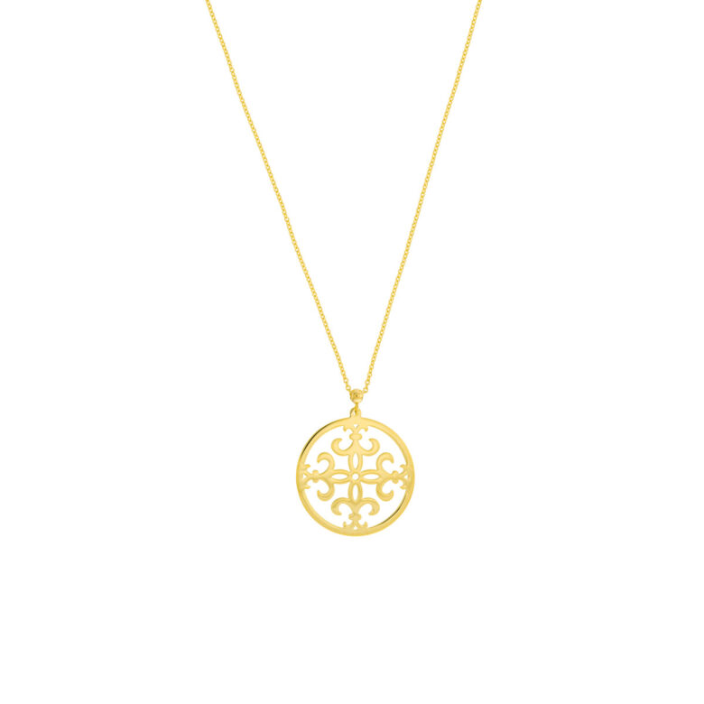 14K Yellow Gold Circle Framed Fleur-de-Lis Pendant - Classic Pendant Necklace - by Dazyle