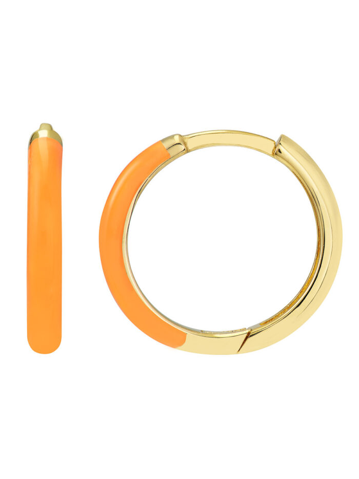 14K Yellow Gold Neon Orange Enamel 1/2 Polished Hoops - Hinge Closure - by Dazyle