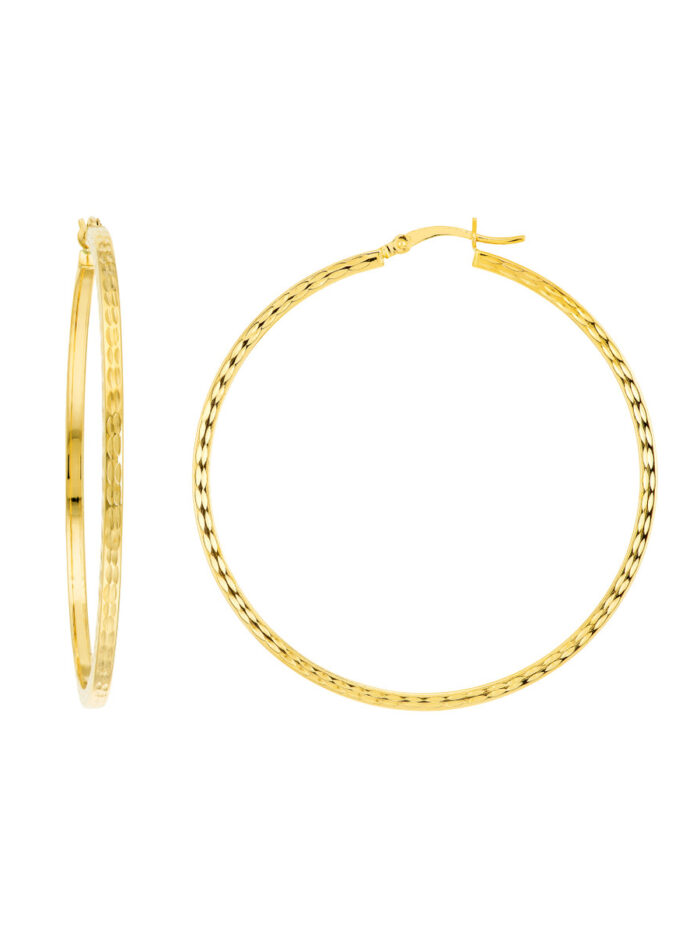 2 X 50mm Square Full Diamond-Cut Hoop Earrings - 14K Yellow Gold - by Dazyle