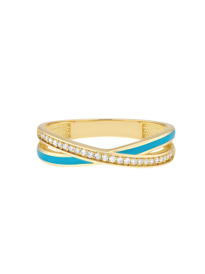 Diamond and Neon Blue Enamel X Ring - 14K Yellow Gold - by Dazyle