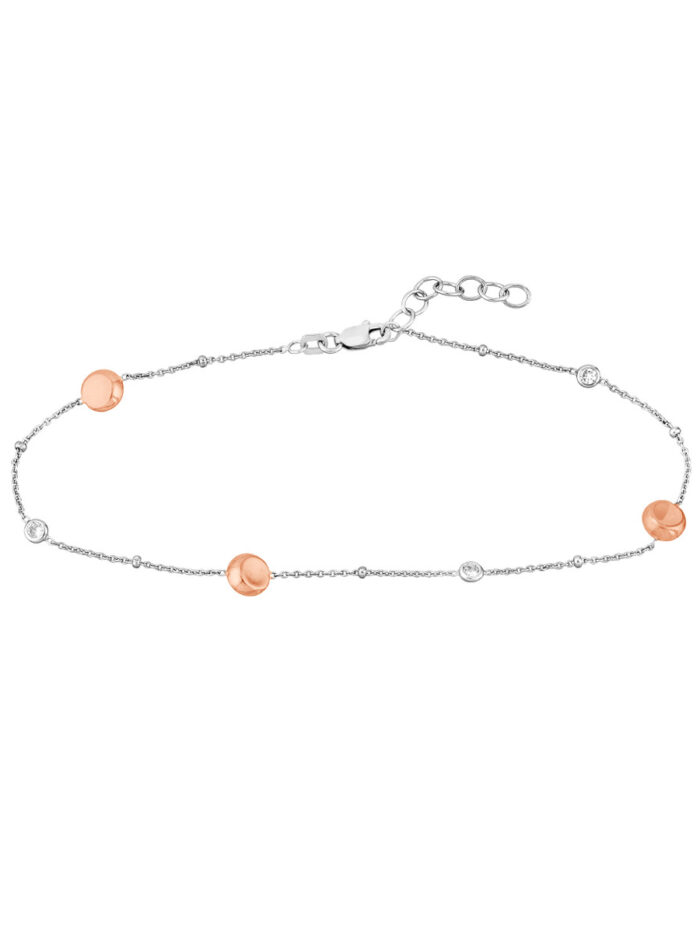 Adjustable Sterling Silver Rose Gold Bead and CZ Anklet - Sterling Silver - 9 to 10 inches - by Dazyle