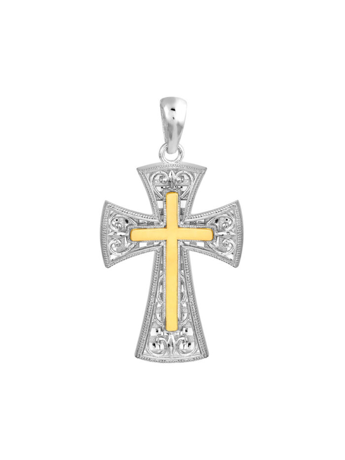 Flat Cross Element Filigree Cross Pendant - Sterling Silver With Yellow Gold - by Dazyle